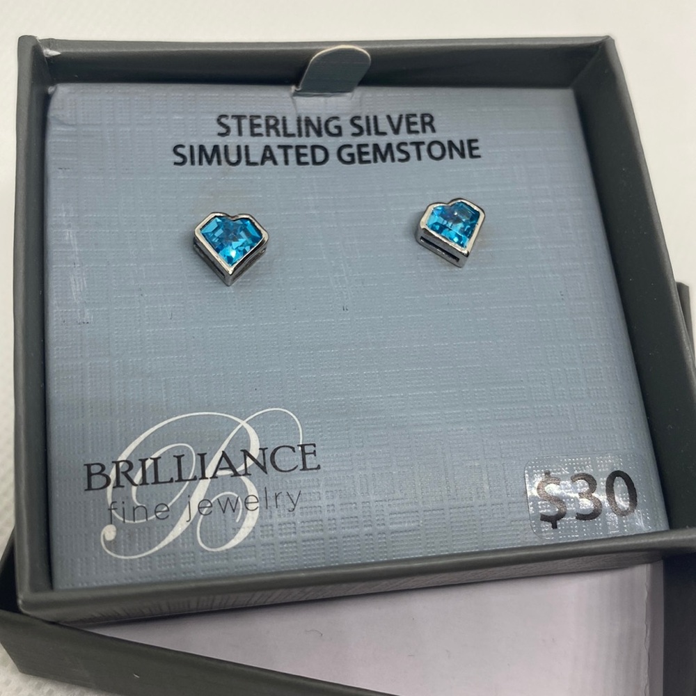 NWT Sterling Silver Hearts w/ Blue Simulated Gemstone Stud Earrings